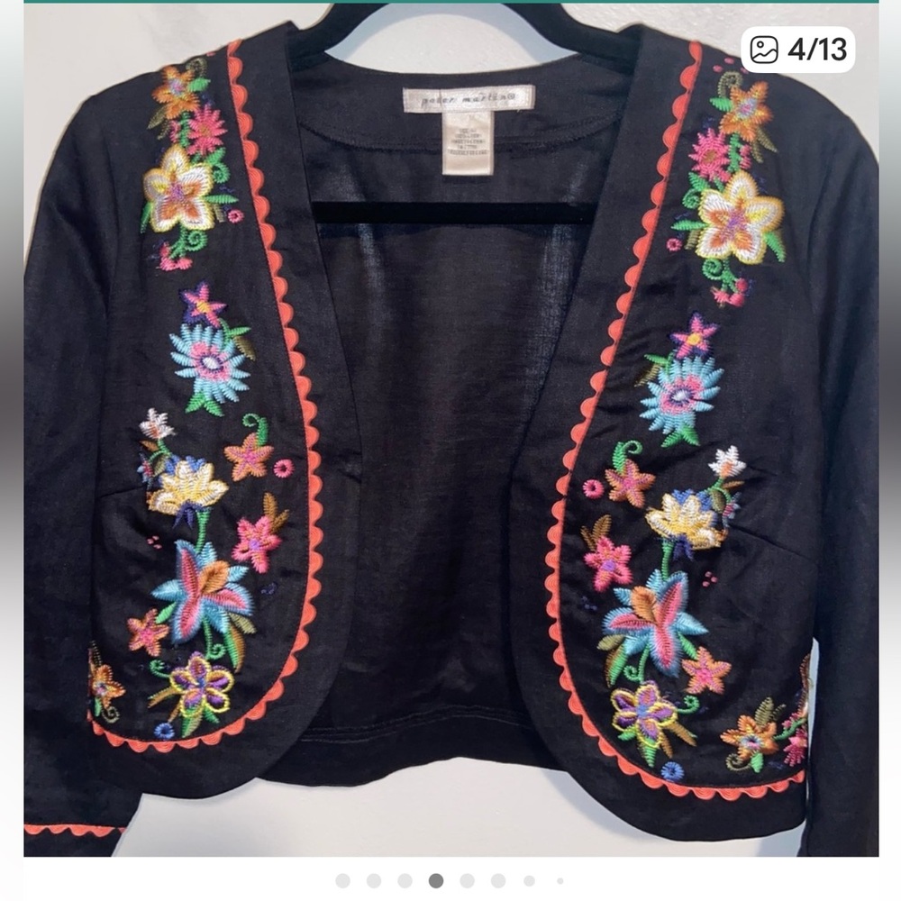 Vintage Peter Martin Bolero Jacket Womens Size 4 Linen Floral Embroidered New - Picture 4 of 7